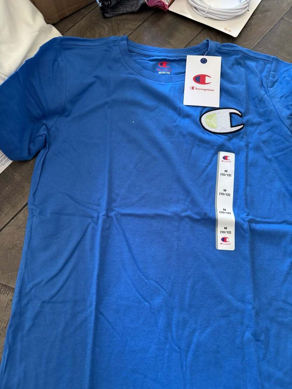 Champion Youth Size Large Blue Short Sleeve Crew Neck Logo Graphic T-Shirt NWT